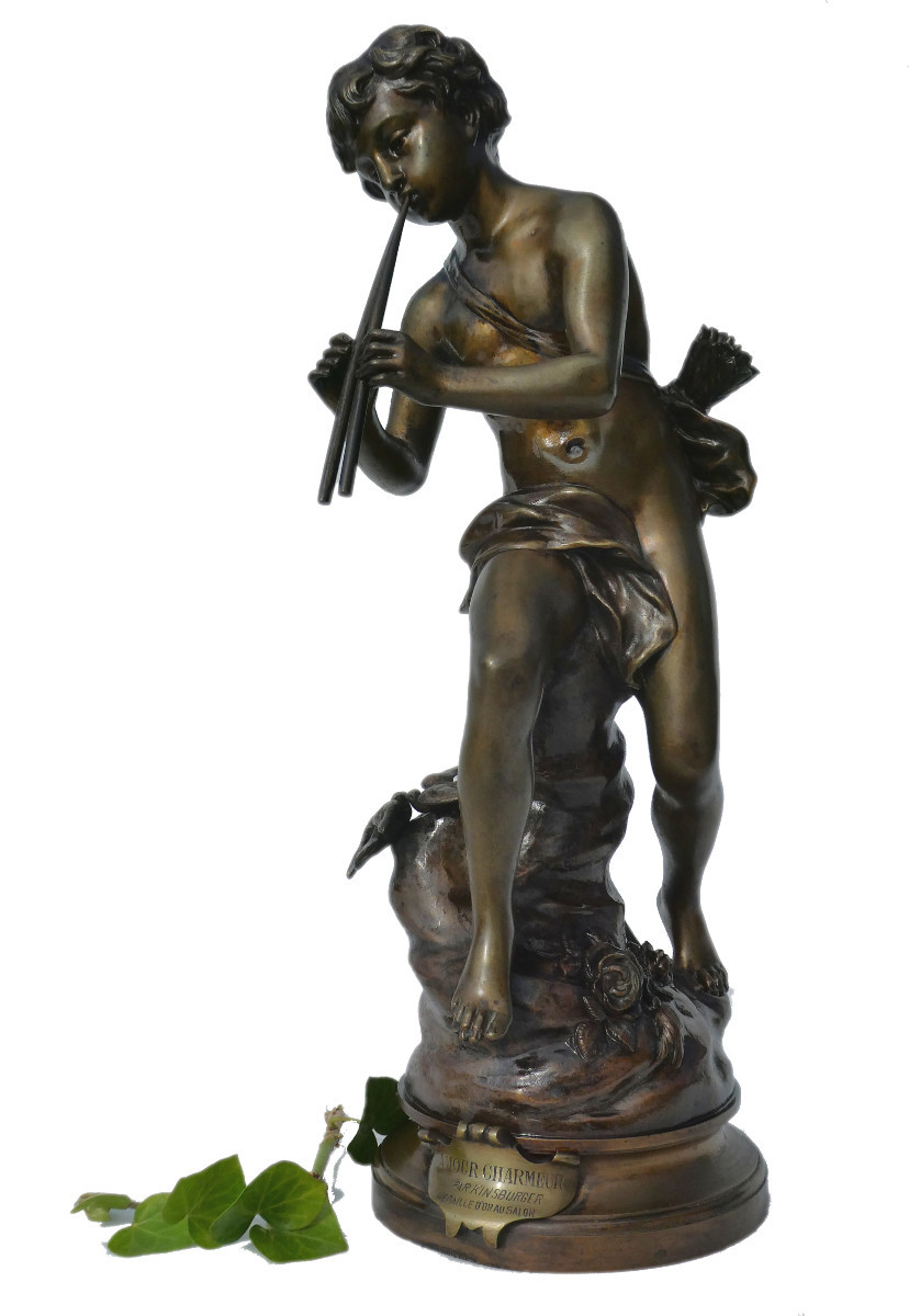 Bronze Charming Love By Kinsburger, 19th Century, Child With Flute, Napoleon III, Sculpture