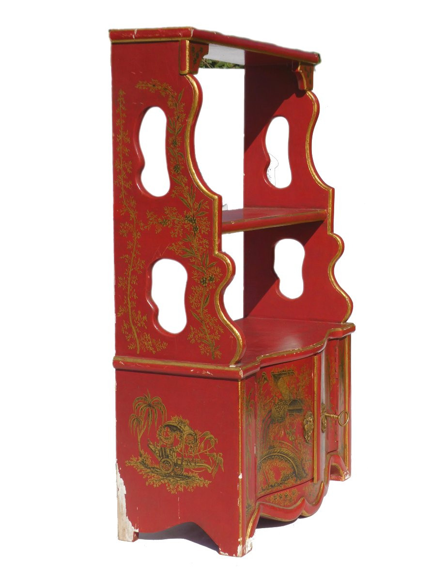 Etagere Murale , Style XVIIIe , Laque Rouge , Decor de Chinoiseries , XXe , Dorure Napoléon iii-photo-2