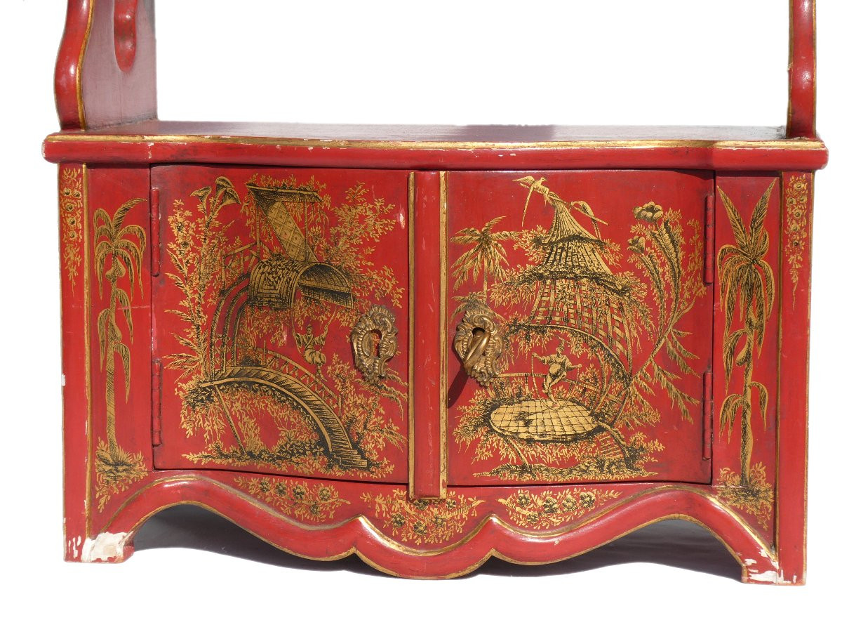 Etagere Murale , Style XVIIIe , Laque Rouge , Decor de Chinoiseries , XXe , Dorure Napoléon iii-photo-3