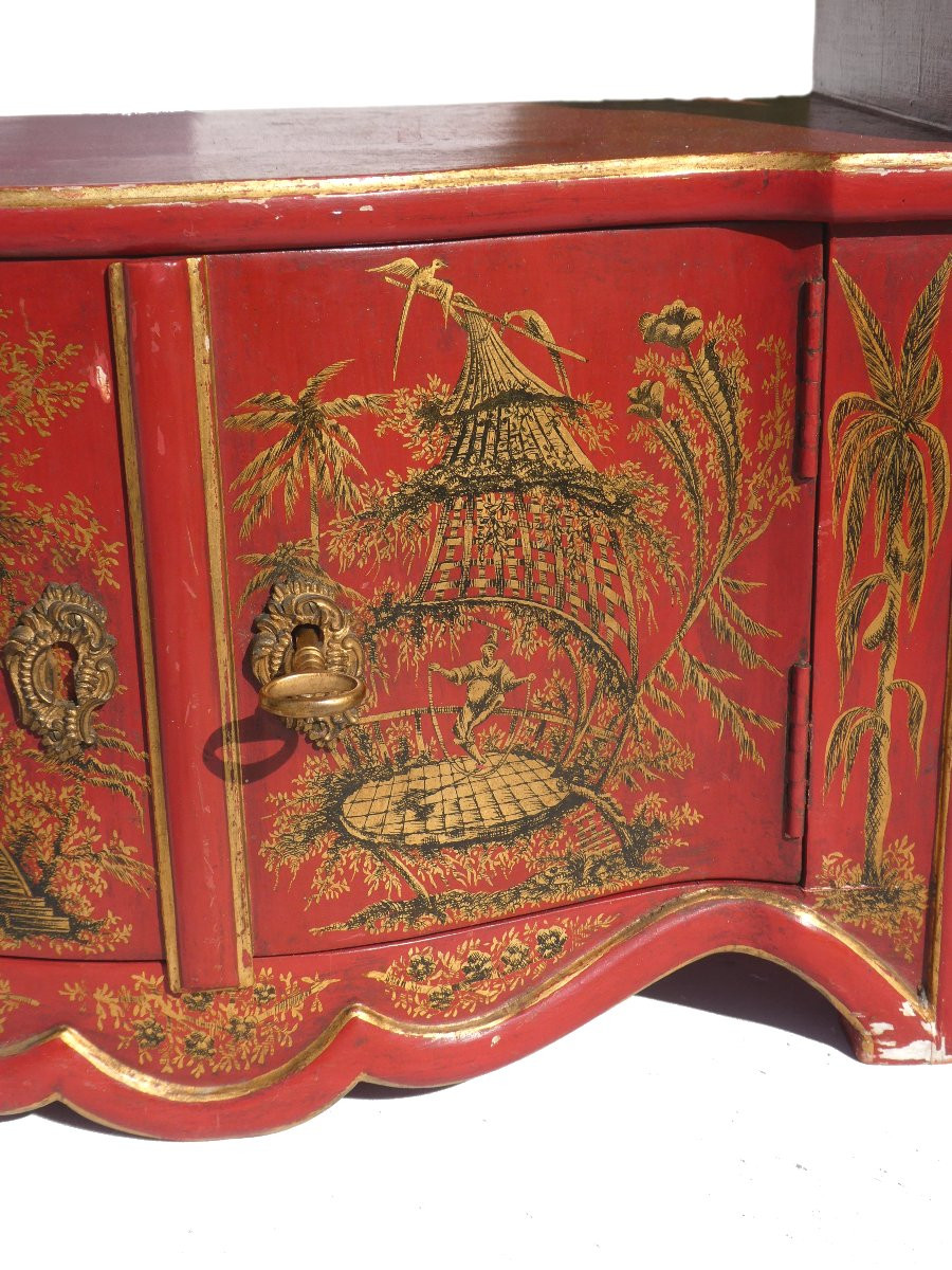 Etagere Murale , Style XVIIIe , Laque Rouge , Decor de Chinoiseries , XXe , Dorure Napoléon iii-photo-5