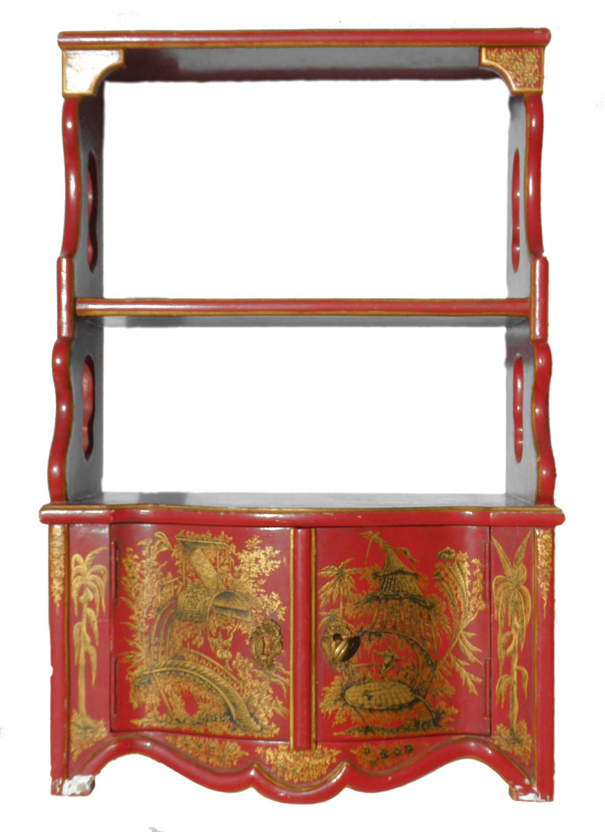 Etagere Murale , Style XVIIIe , Laque Rouge , Decor de Chinoiseries , XXe , Dorure Napoléon iii