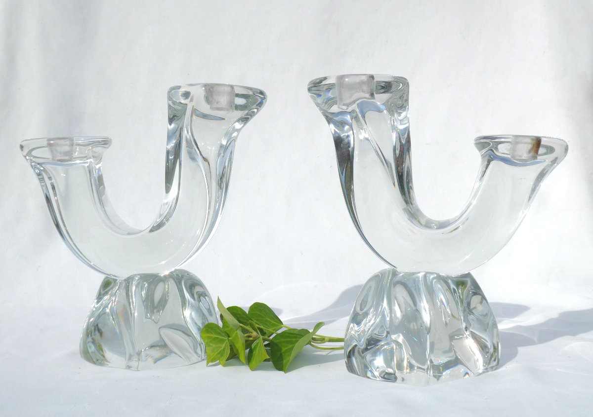 Paire De Chandeliers , Candelabres En Cristal Moulé , Signé Daum , 1950 , Bougeoirs Art Deco-photo-2