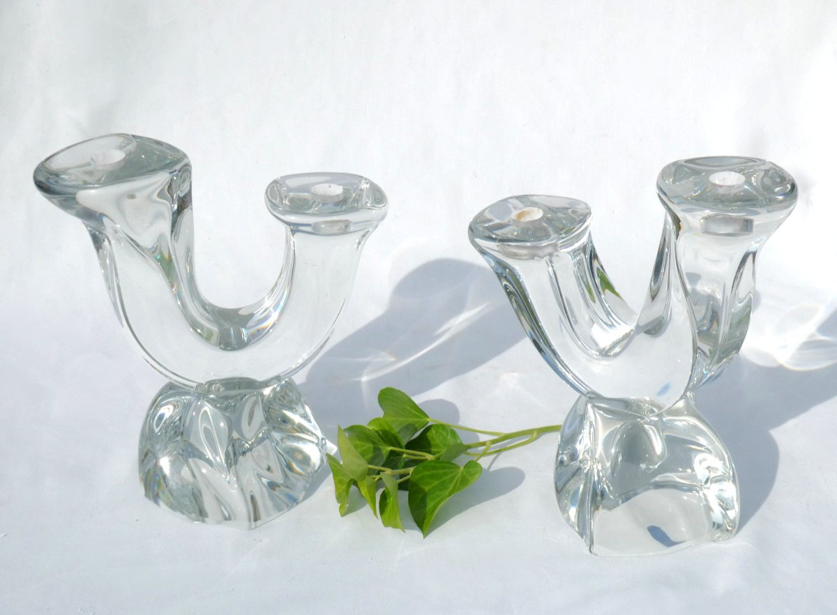 Paire De Chandeliers , Candelabres En Cristal Moulé , Signé Daum , 1950 , Bougeoirs Art Deco-photo-3