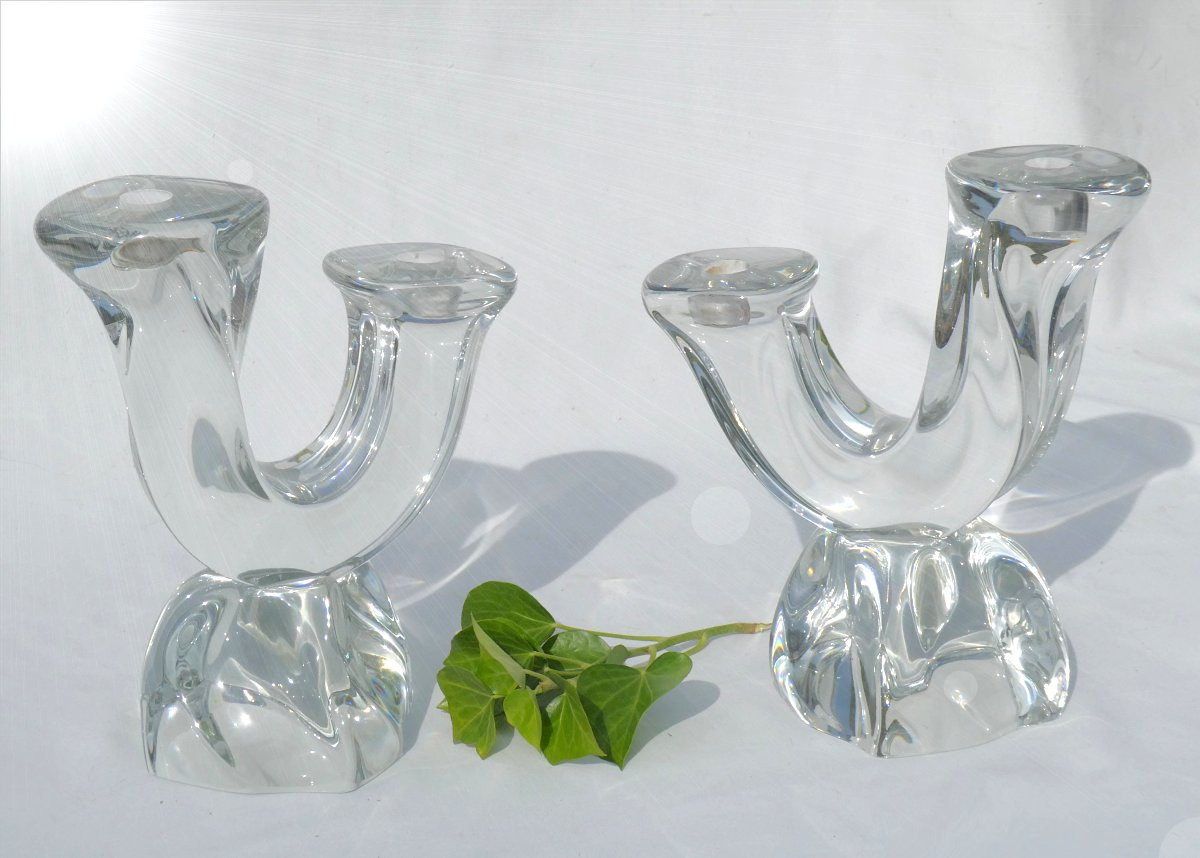 Paire De Chandeliers , Candelabres En Cristal Moulé , Signé Daum , 1950 , Bougeoirs Art Deco-photo-4