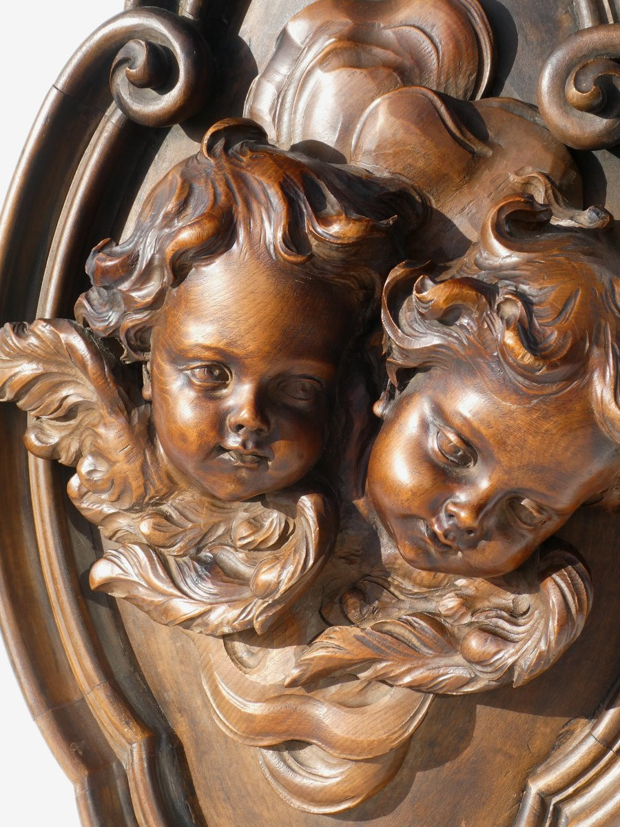 Large High Relief Carved Wood, Baroque Style, Cherubs, 18th Century, Napoleon III Period, 19th Century, Walnut-photo-2