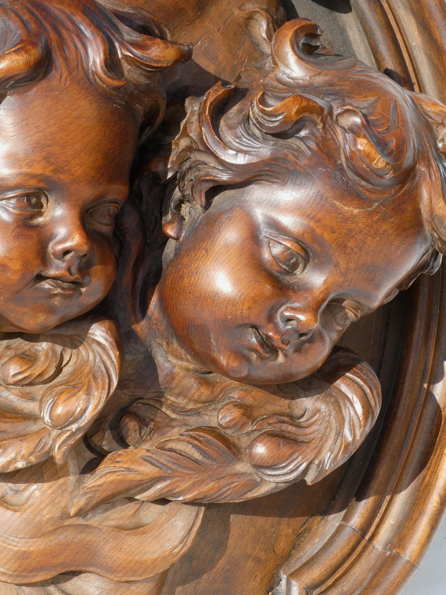 Large High Relief Carved Wood, Baroque Style, Cherubs, 18th Century, Napoleon III Period, 19th Century, Walnut-photo-2