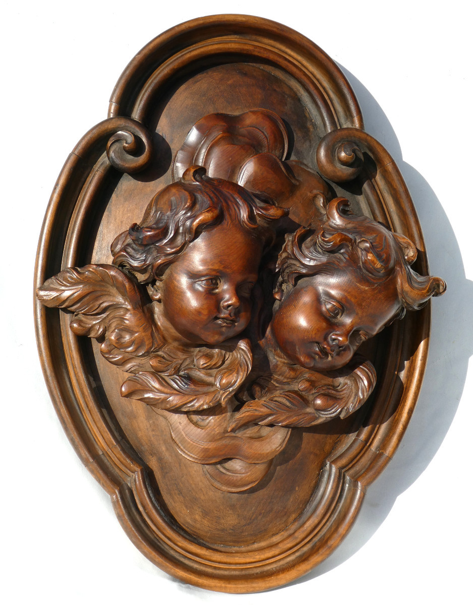 Large High Relief Carved Wood, Baroque Style, Cherubs, 18th Century, Napoleon III Period, 19th Century, Walnut