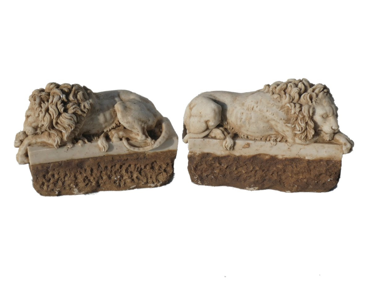 Pair Of Alabaster Sculptures, Canova's Lions, Souvenir Of The Grand Tour, 19th Century, 18th Century Style-photo-3