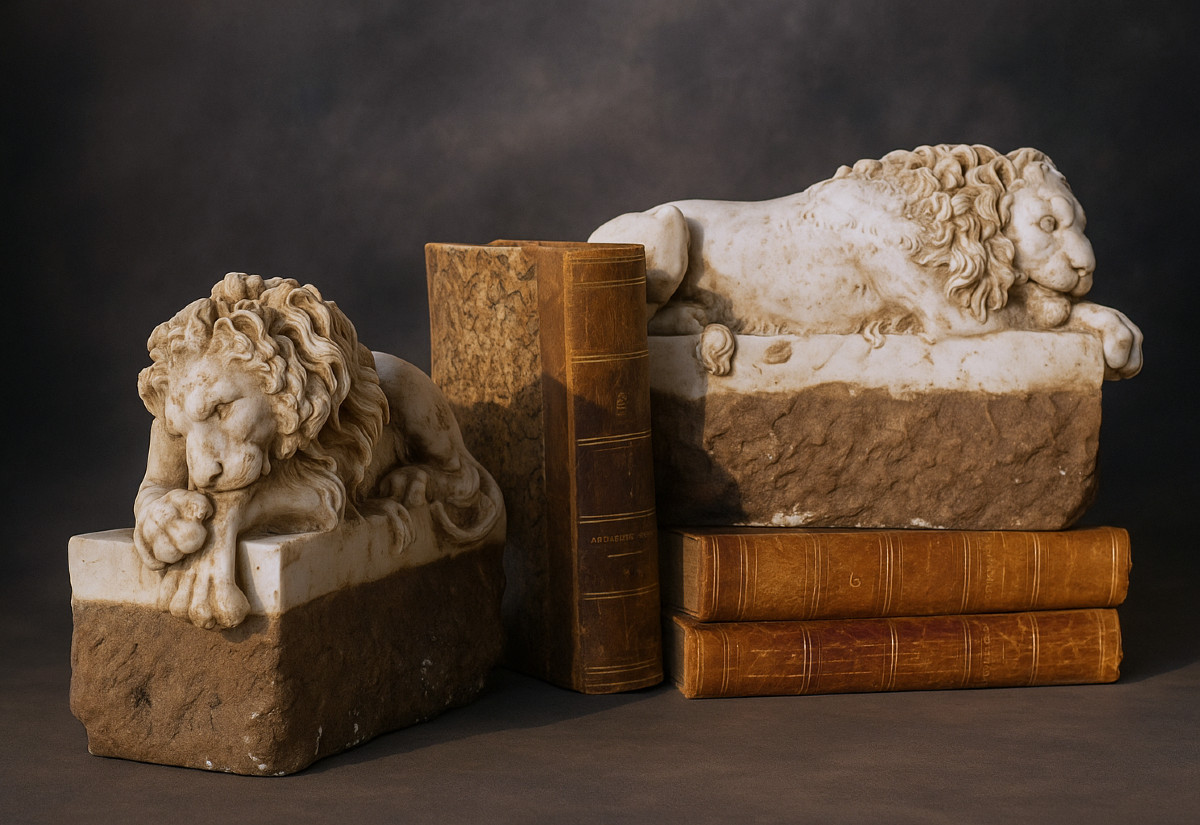 Pair Of Alabaster Sculptures, Canova's Lions, Souvenir Of The Grand Tour, 19th Century, 18th Century Style