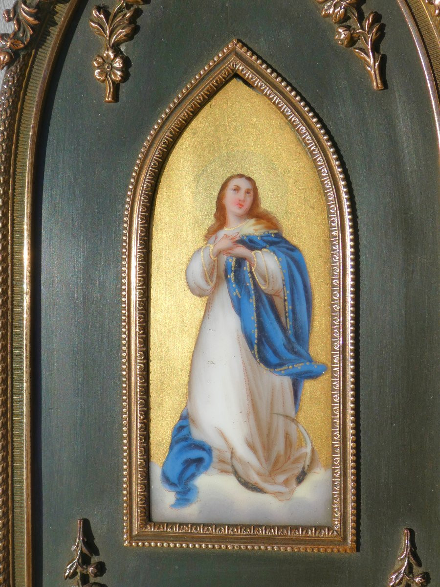 Benitier Mural époque Napoléon III , Porcelaine De Limoges Peinte , Vierge Marie , Bronze Doré -photo-2