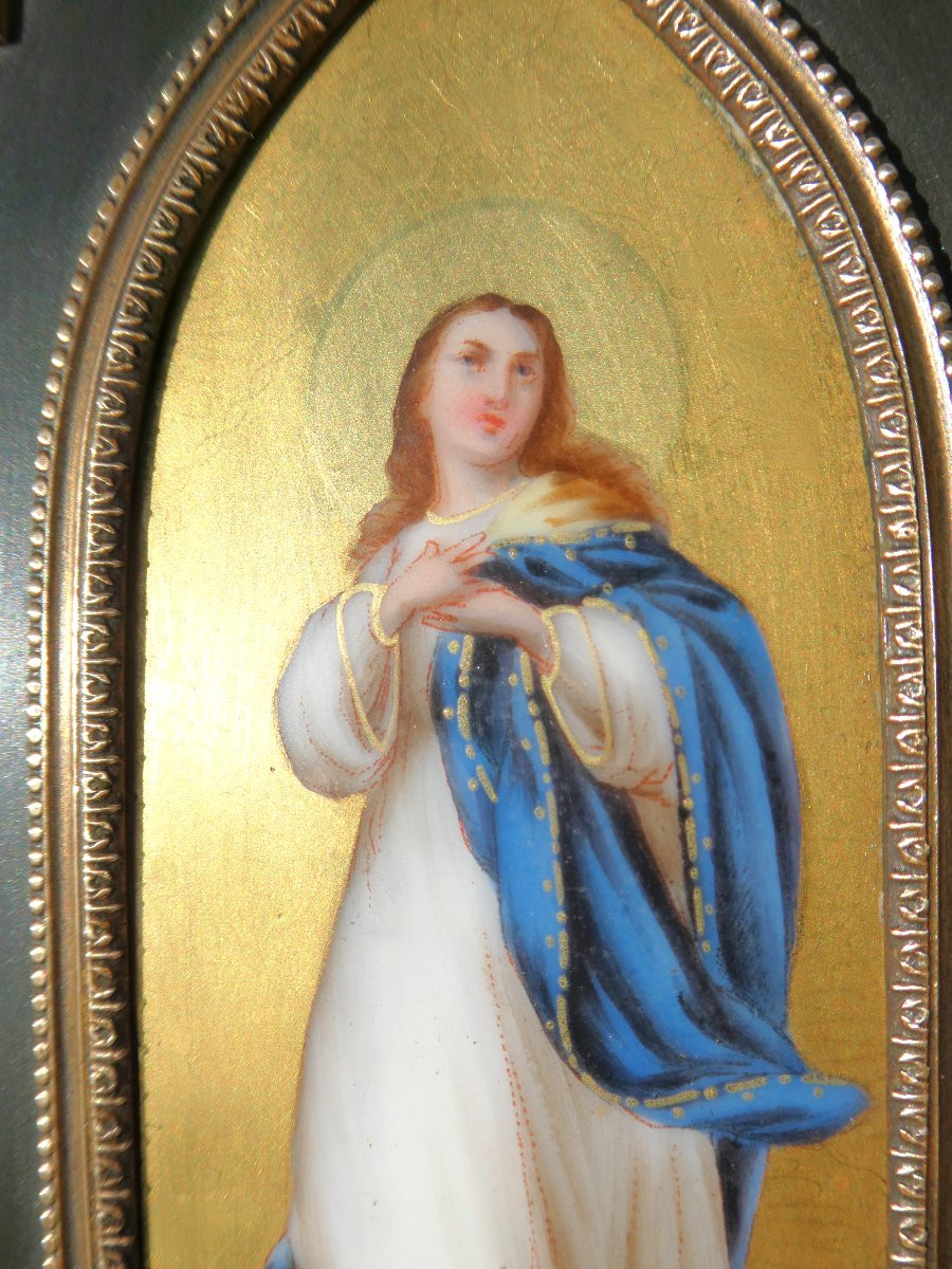 Benitier Mural époque Napoléon III , Porcelaine De Limoges Peinte , Vierge Marie , Bronze Doré -photo-3
