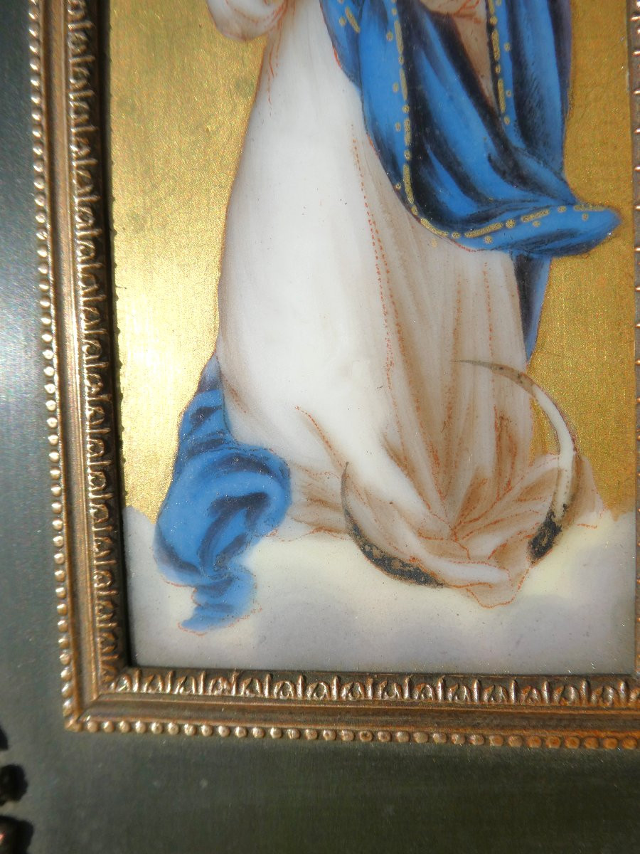 Benitier Mural époque Napoléon III , Porcelaine De Limoges Peinte , Vierge Marie , Bronze Doré -photo-4