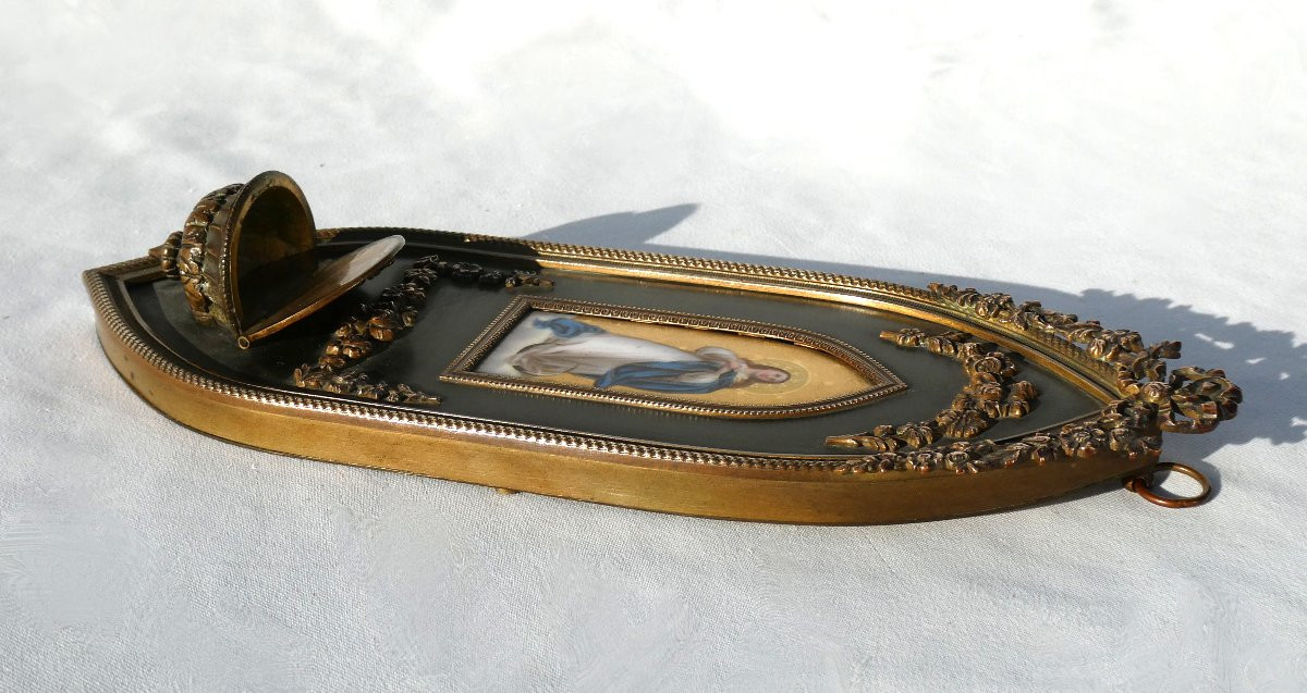 Benitier Mural époque Napoléon III , Porcelaine De Limoges Peinte , Vierge Marie , Bronze Doré -photo-3