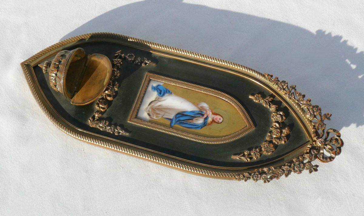 Benitier Mural époque Napoléon III , Porcelaine De Limoges Peinte , Vierge Marie , Bronze Doré -photo-4