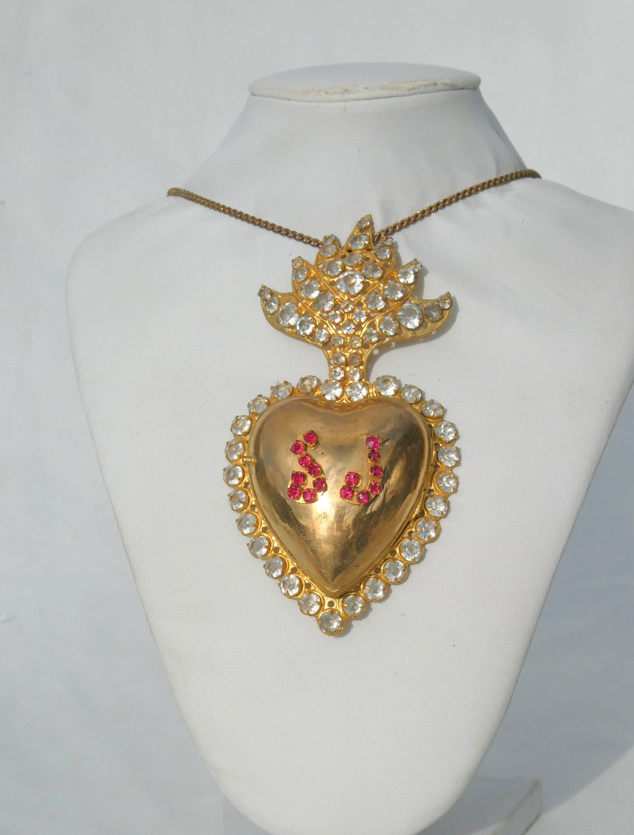 Reliquary, Napoleon III Period, Pomponne, 19th Century, Church Jewelry, Ex-voto, Rhinestones, Heart -photo-2
