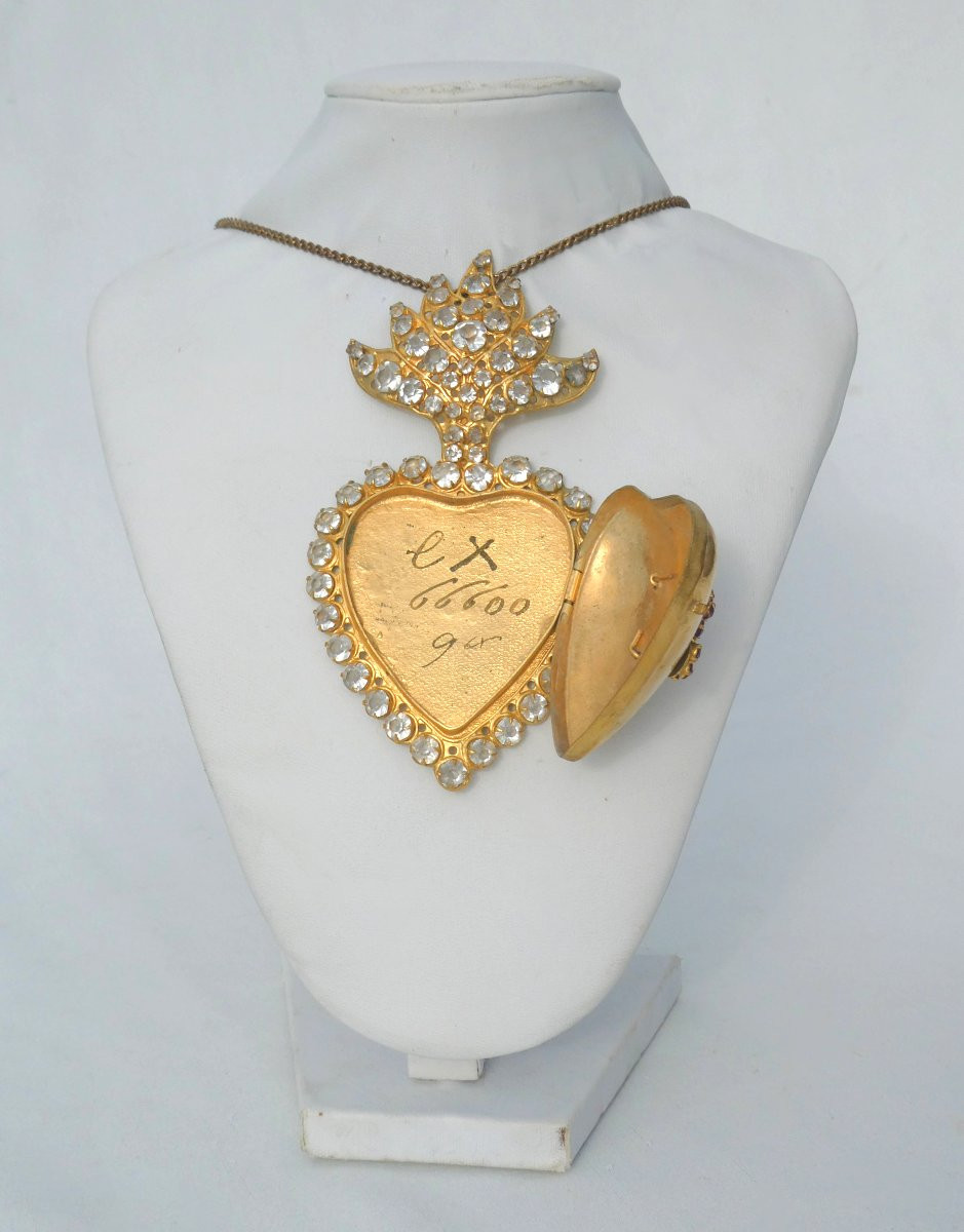 Reliquary, Napoleon III Period, Pomponne, 19th Century, Church Jewelry, Ex-voto, Rhinestones, Heart -photo-3