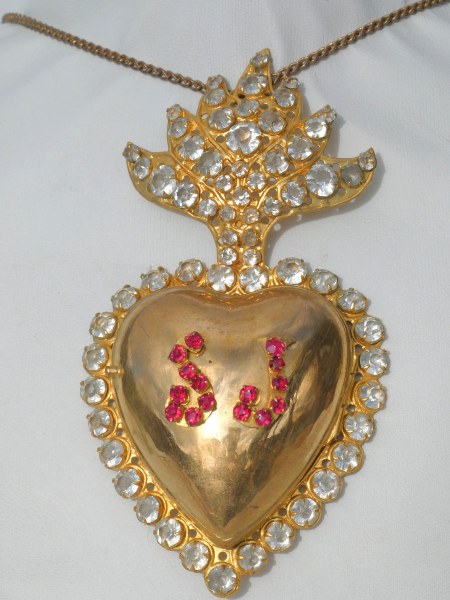 Reliquary, Napoleon III Period, Pomponne, 19th Century, Church Jewelry, Ex-voto, Rhinestones, Heart 