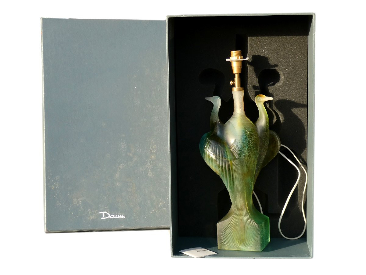 Grande Lampe De Table , Pate De Cristal , Signé Daum France Decor De Herons , Art Deco , Verre-photo-2