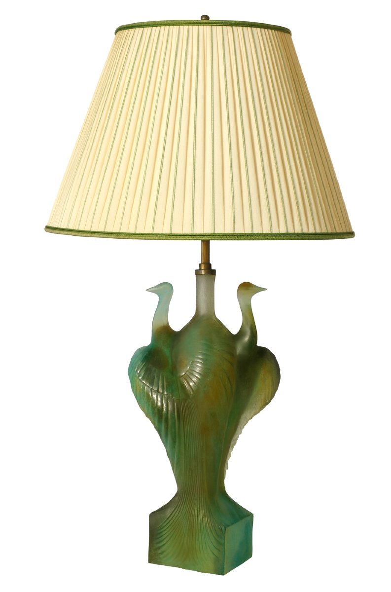 Grande Lampe De Table , Pate De Cristal , Signé Daum France Decor De Herons , Art Deco , Verre-photo-4