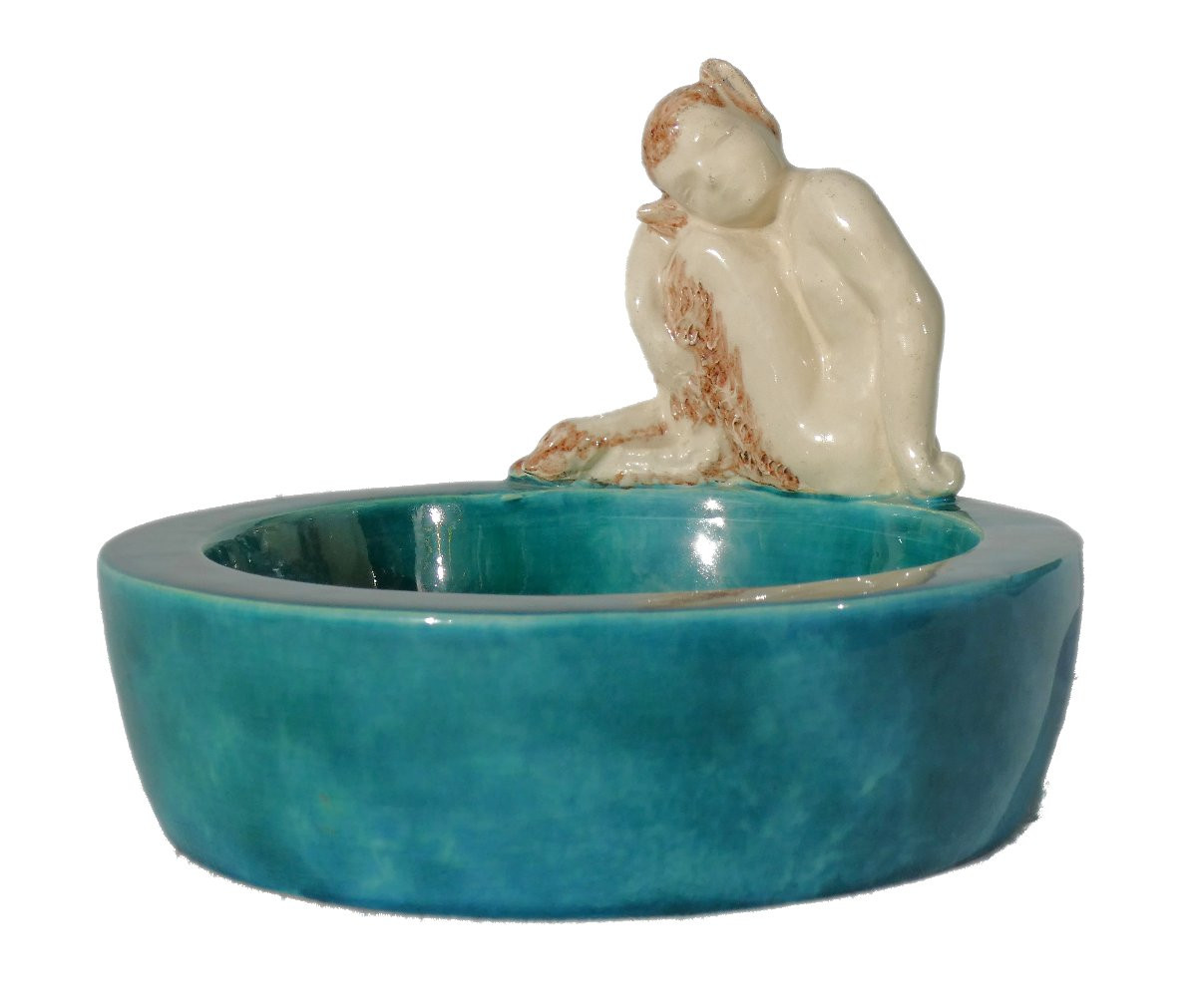 1950s Ceramic Trinket Tray, Fauna Design, Turquoise Blue, Signed Robert Meynard, Art Deco, Mythology-photo-2