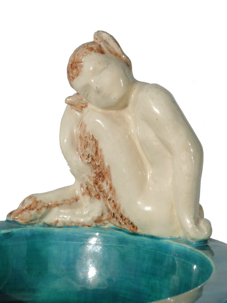 1950s Ceramic Trinket Tray, Fauna Design, Turquoise Blue, Signed Robert Meynard, Art Deco, Mythology-photo-3