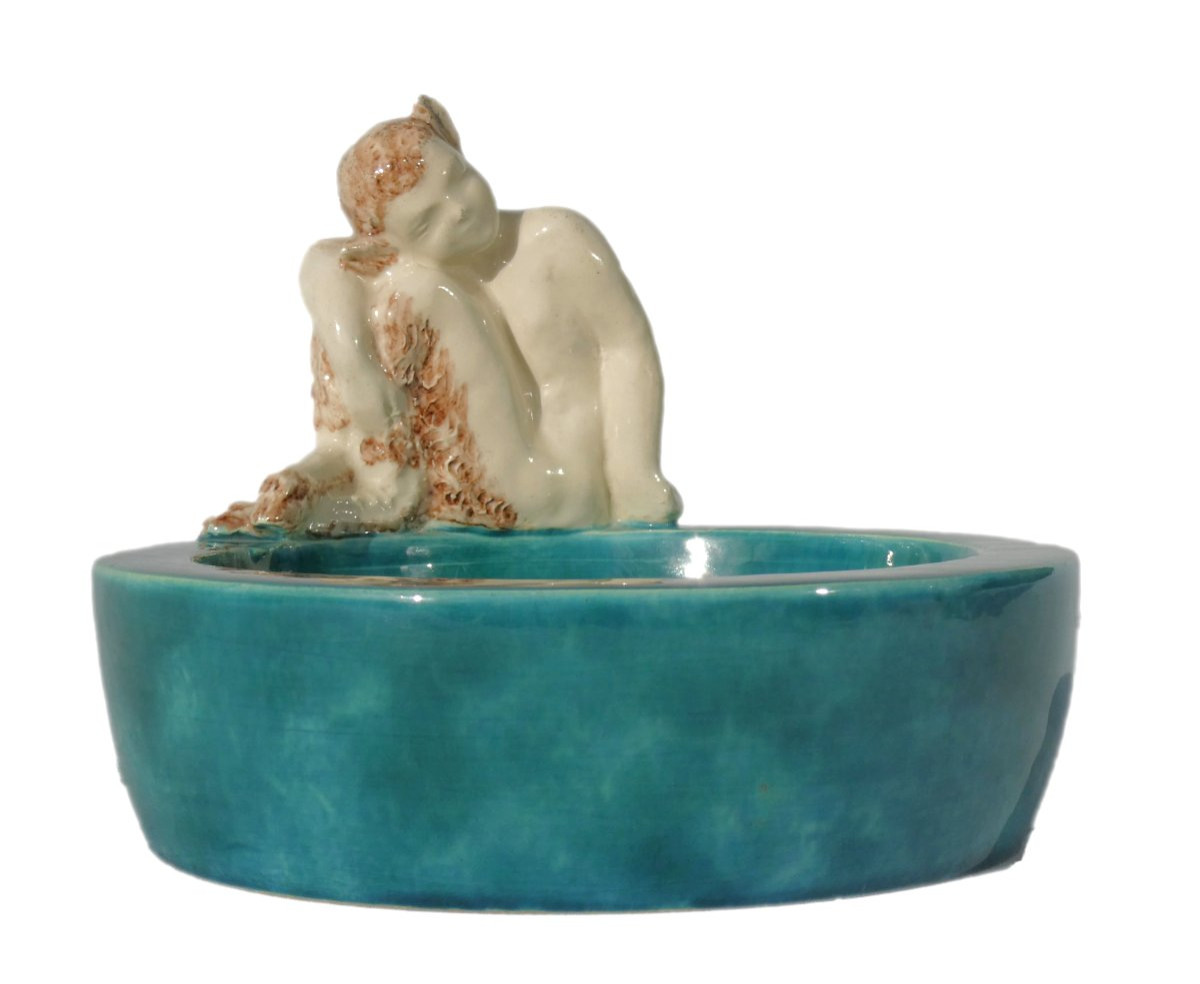1950s Ceramic Trinket Tray, Fauna Design, Turquoise Blue, Signed Robert Meynard, Art Deco, Mythology-photo-4