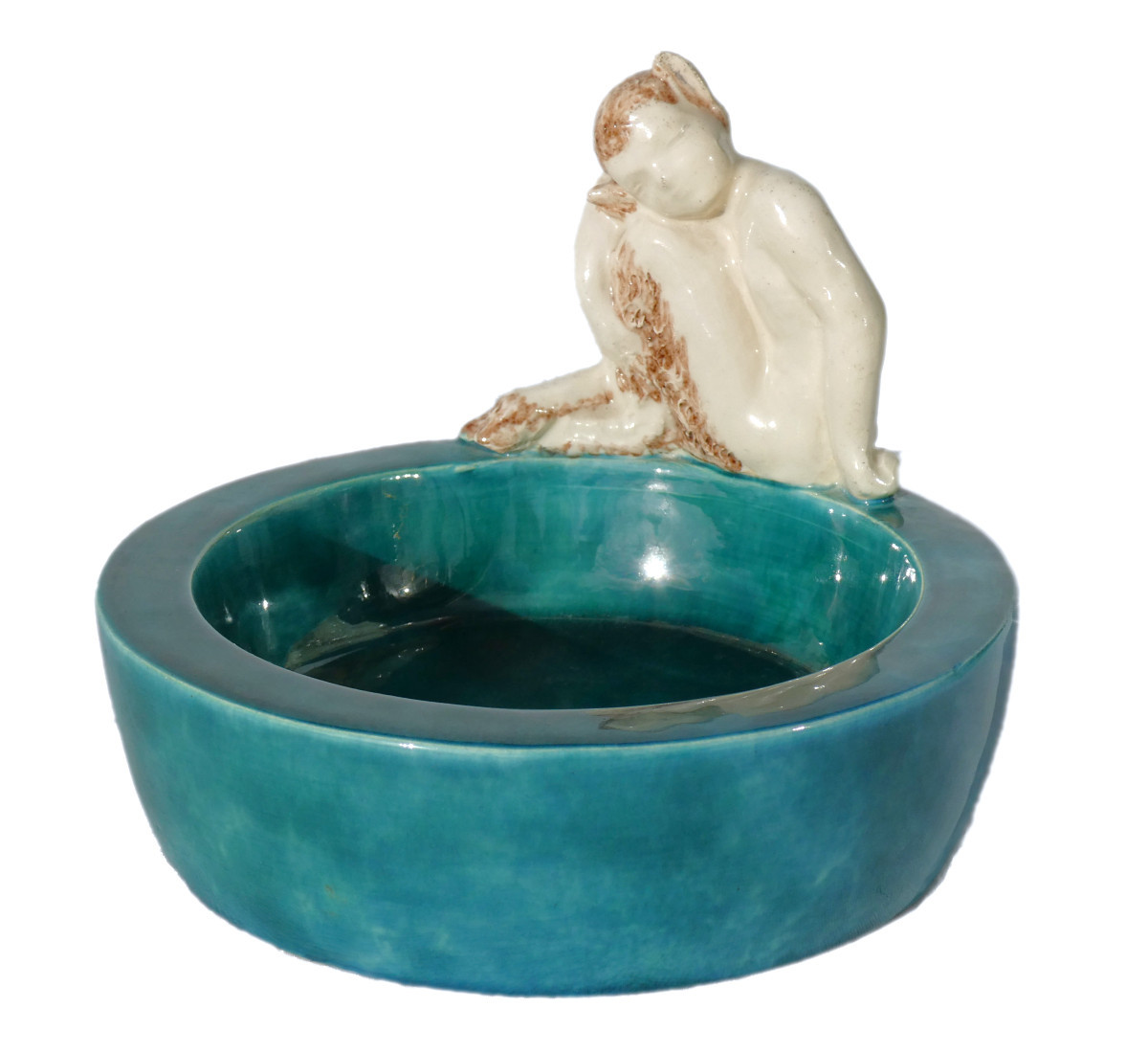 1950s Ceramic Trinket Tray, Fauna Design, Turquoise Blue, Signed Robert Meynard, Art Deco, Mythology