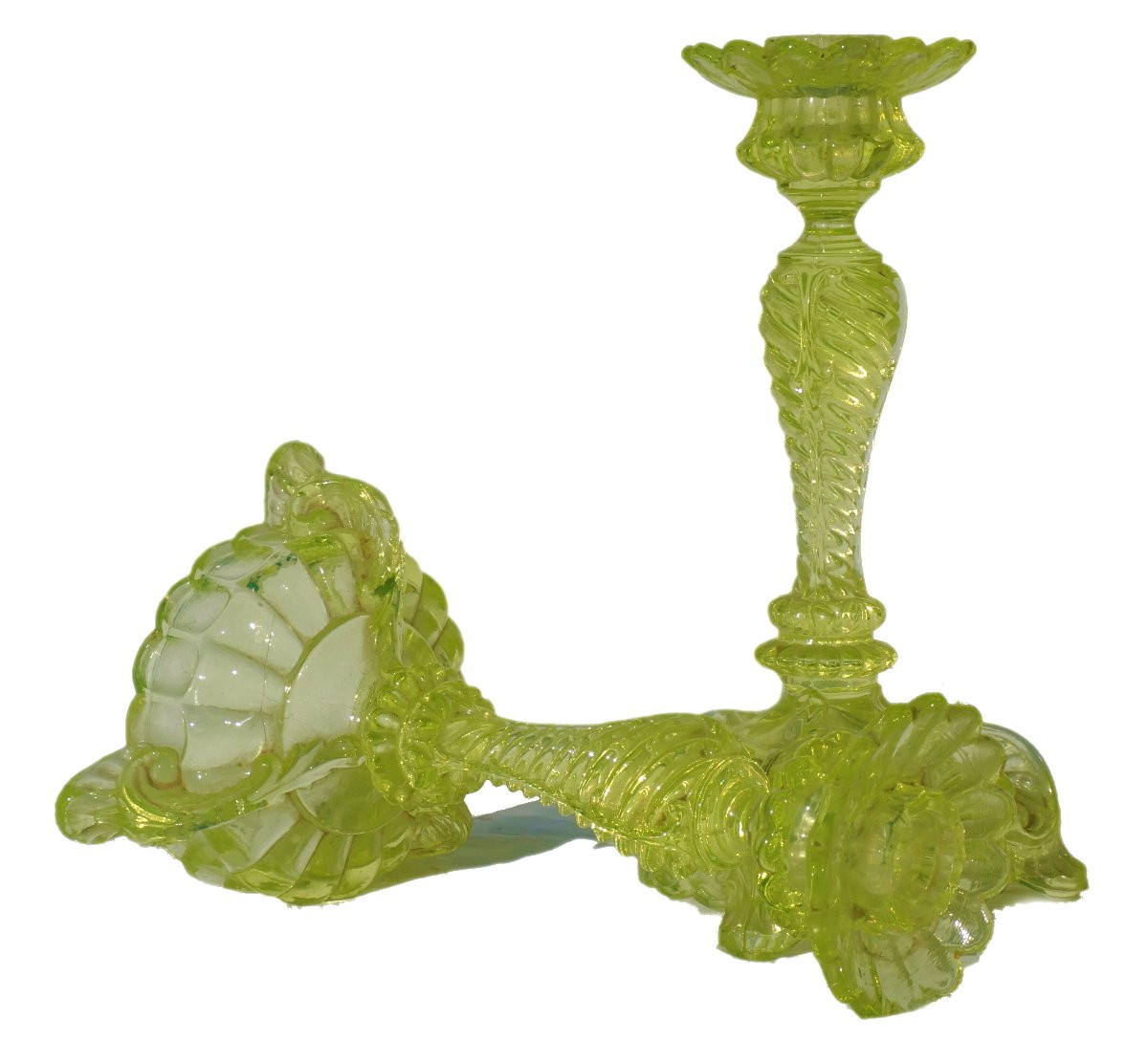 Pair Of Uranium Glass Candlesticks, Napoleon III Era, 19th Century, Chandelier, Neo-renaissance-photo-2