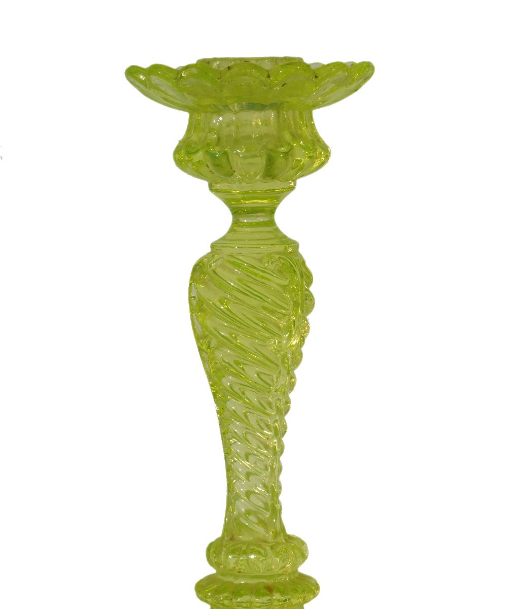 Pair Of Uranium Glass Candlesticks, Napoleon III Era, 19th Century, Chandelier, Neo-renaissance-photo-3