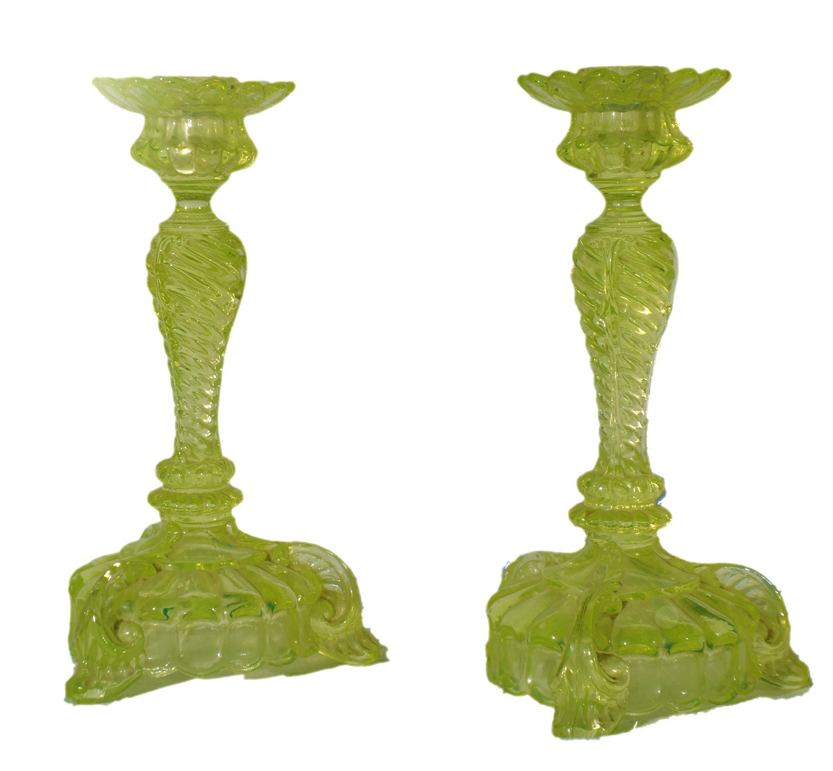 Pair Of Uranium Glass Candlesticks, Napoleon III Era, 19th Century, Chandelier, Neo-renaissance