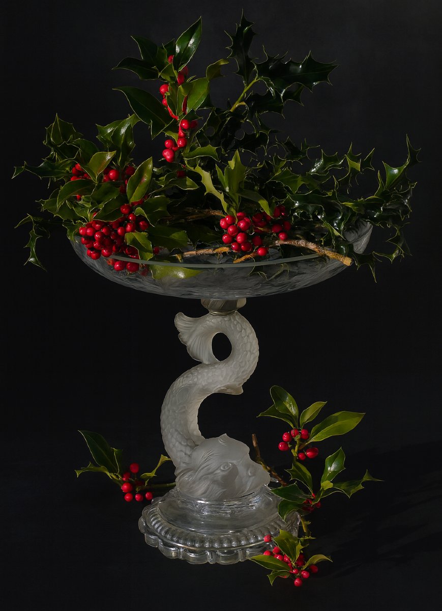 Large Baccarat Crystal Bowl/centerpiece, Dolphin Decoration, 19th Century, Napoleon III-photo-2