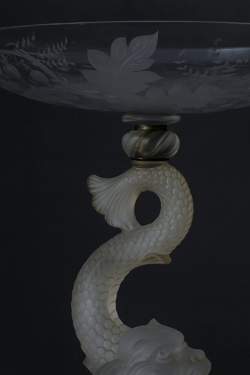 Large Baccarat Crystal Bowl/centerpiece, Dolphin Decoration, 19th Century, Napoleon III-photo-3