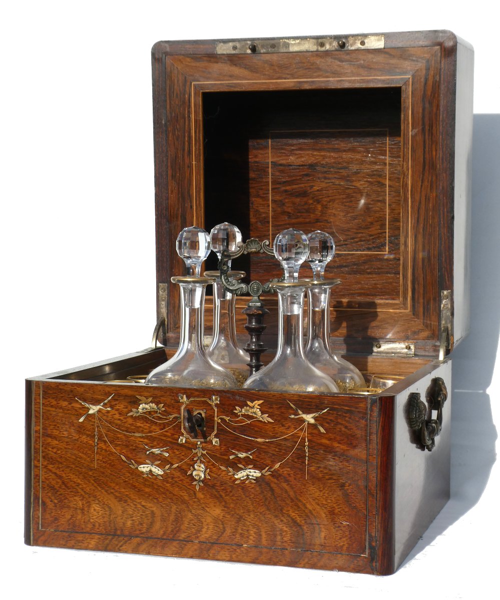 Charles X Period Liquor Cabinet, Mahogany, Baccarat Crystal, Doves, 19th Century, Decanters-photo-2