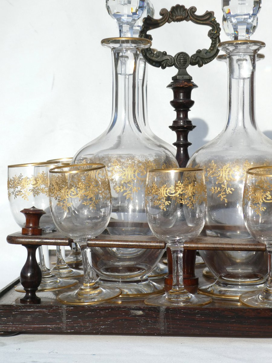 Charles X Period Liquor Cabinet, Mahogany, Baccarat Crystal, Doves, 19th Century, Decanters-photo-3