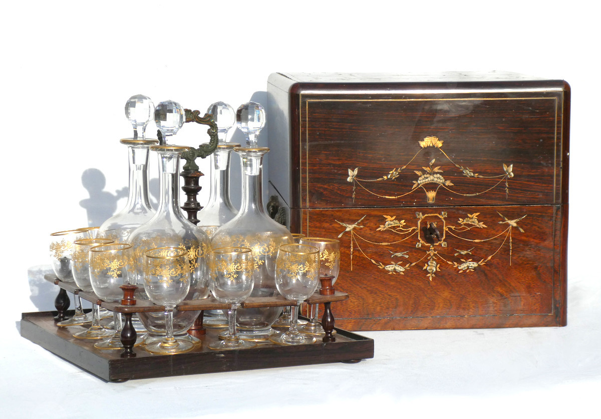 Charles X Period Liquor Cabinet, Mahogany, Baccarat Crystal, Doves, 19th Century, Decanters
