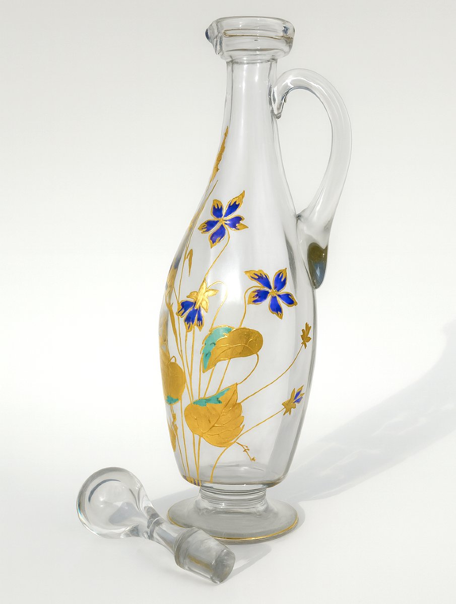 Enamelled Glass Carafe, Circa 1890, Theodore Legras, Art Nouveau Style, 19th Century, Gilded-photo-3