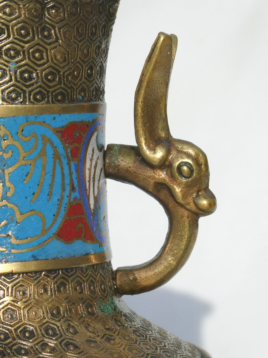 Paire De Vases Japonais En Bronze Cloisonné , Asie XXe siecle , Emaux 1900-photo-4