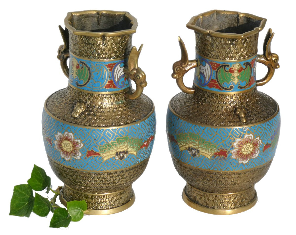 Paire De Vases Japonais En Bronze Cloisonné , Asie XXe siecle , Emaux 1900-photo-3