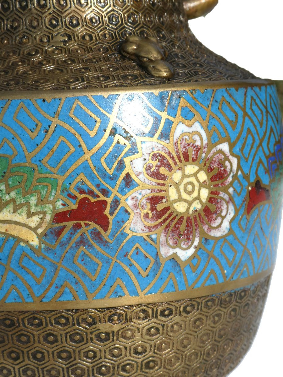 Paire De Vases Japonais En Bronze Cloisonné , Asie XXe siecle , Emaux 1900-photo-4