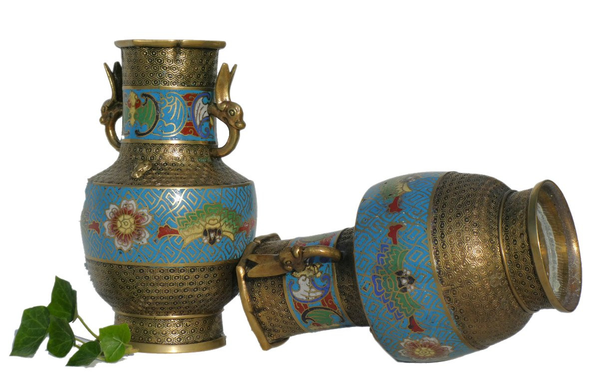 Paire De Vases Japonais En Bronze Cloisonné , Asie XXe siecle , Emaux 1900-photo-5