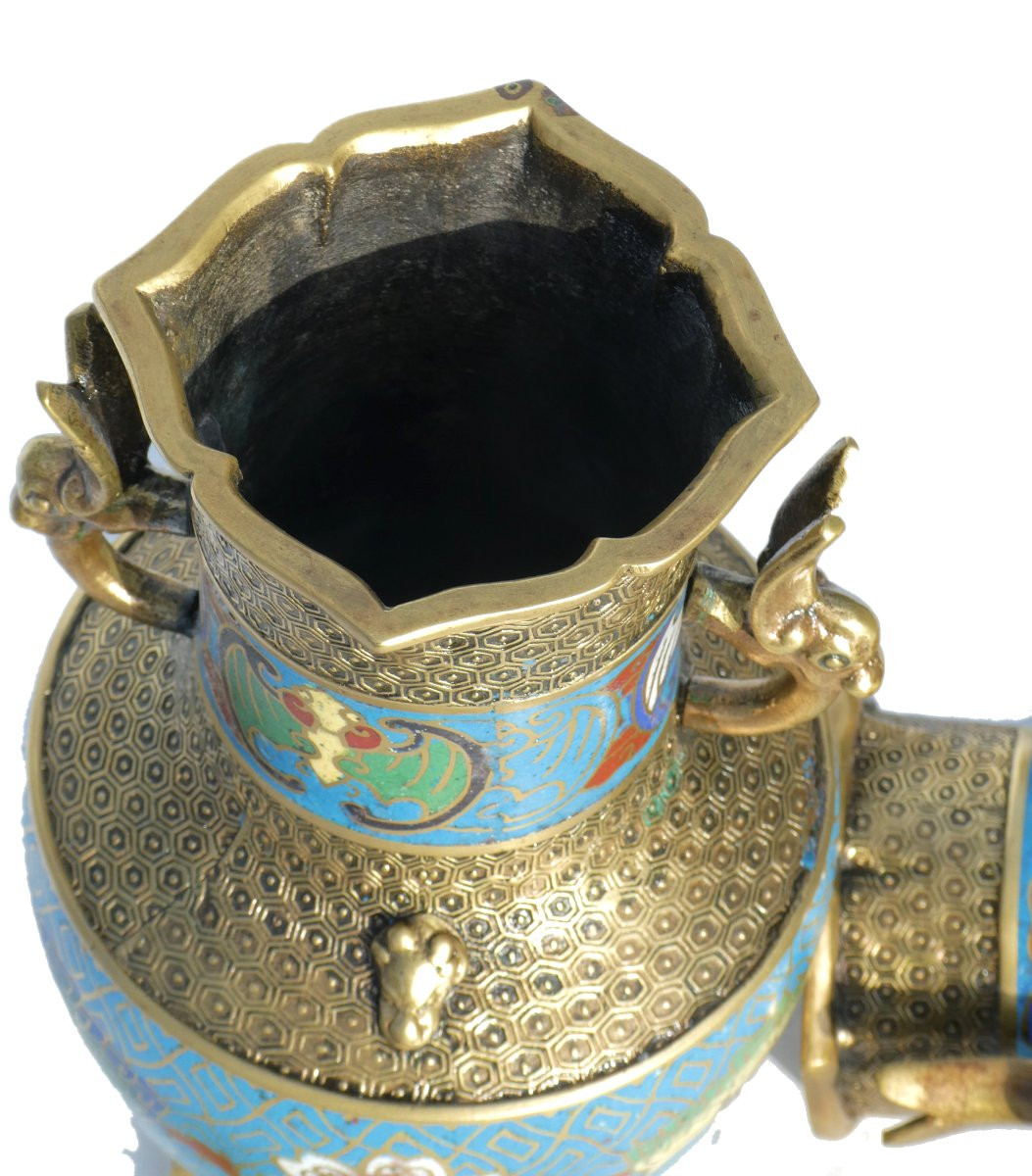 Paire De Vases Japonais En Bronze Cloisonné , Asie XXe siecle , Emaux 1900-photo-6