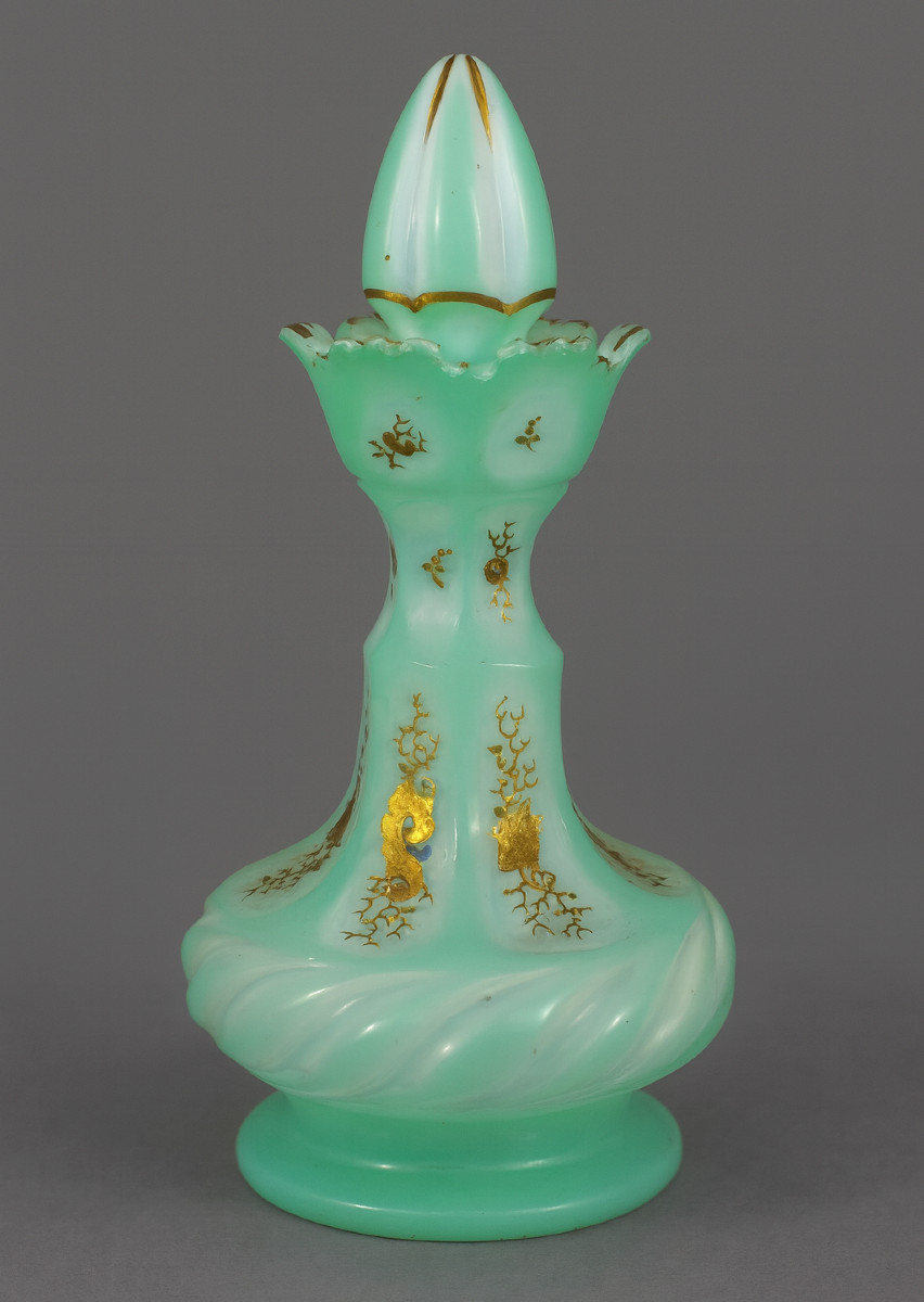 Perfume Bottle, Opaline Crystal, 1840, Aqua Green, 19th Century, Opaline, Enamel 