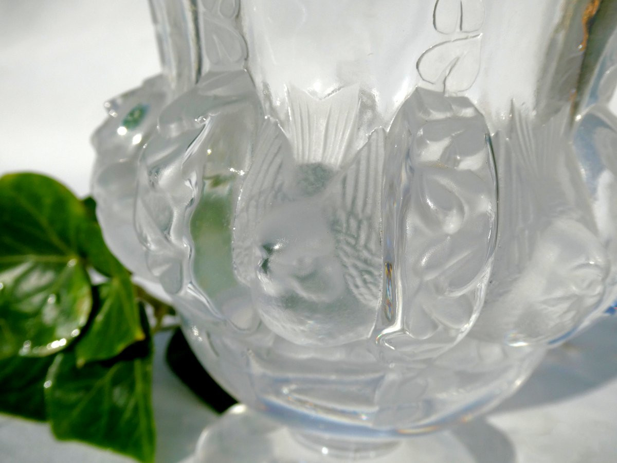 Vase En Cristal , Marc Lalique , Decor D'oiseaux , Dampierre , 1948 , Moineaux Art Deco-photo-4