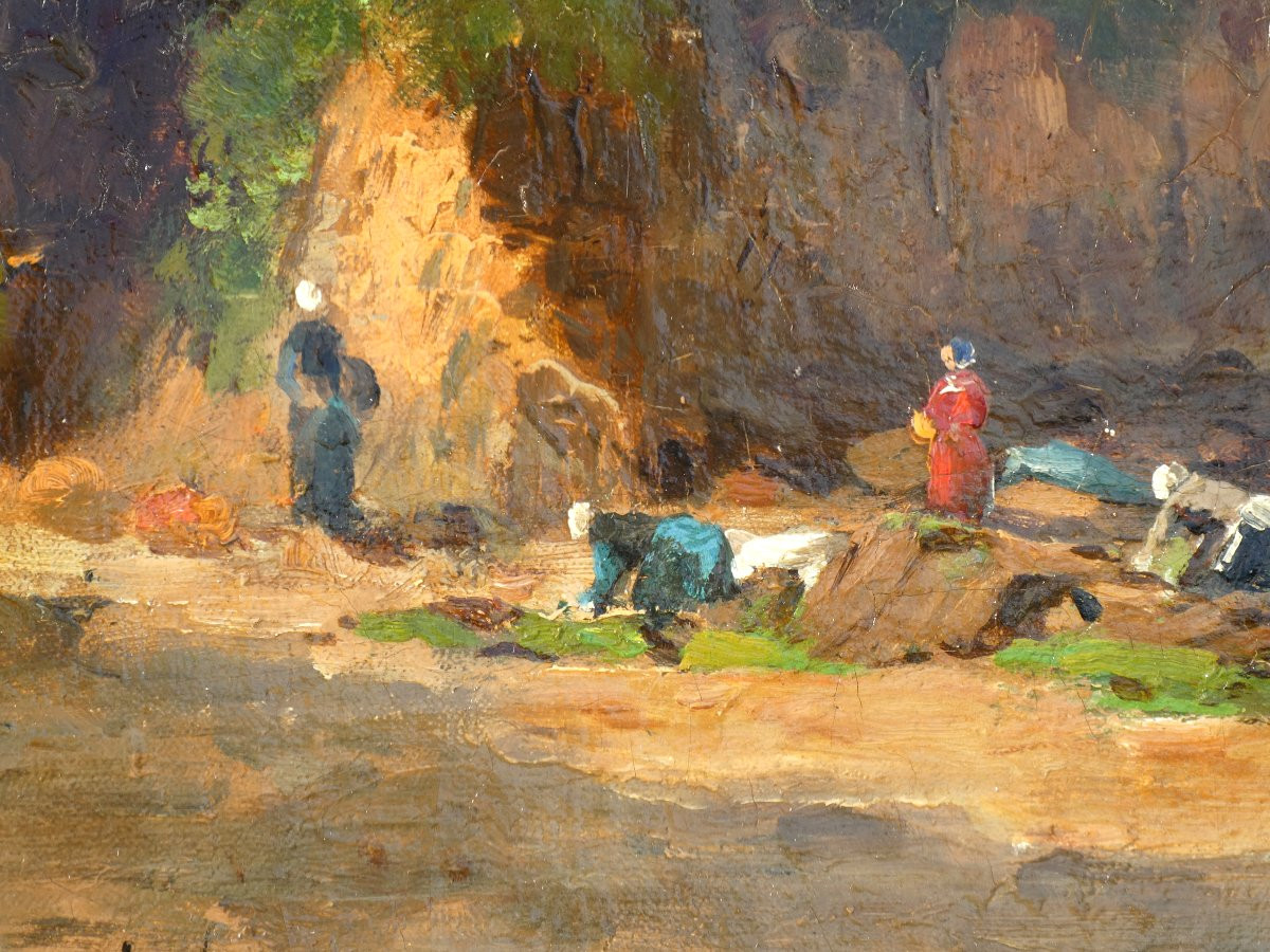 Huile Sur Toile, Vue de Bretagne XIXe , Signée Le Sénéchal , Peintre De La Marine , Pêcheuses -photo-2