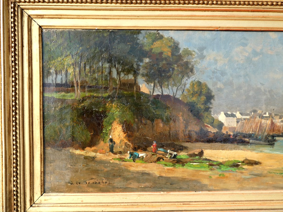 Huile Sur Toile, Vue de Bretagne XIXe , Signée Le Sénéchal , Peintre De La Marine , Pêcheuses -photo-4