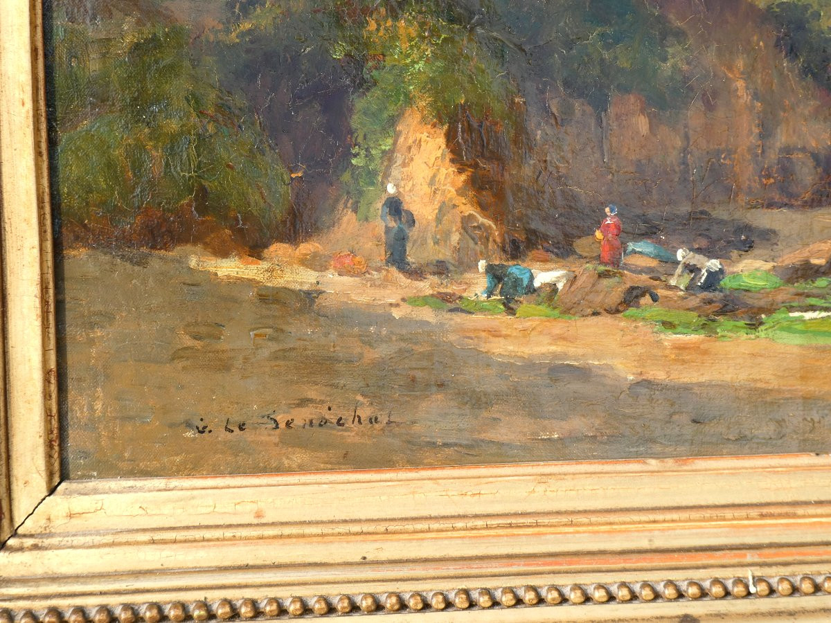 Huile Sur Toile, Vue de Bretagne XIXe , Signée Le Sénéchal , Peintre De La Marine , Pêcheuses -photo-3