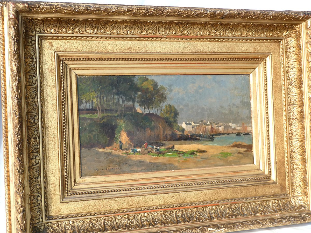 Huile Sur Toile, Vue de Bretagne XIXe , Signée Le Sénéchal , Peintre De La Marine , Pêcheuses -photo-4