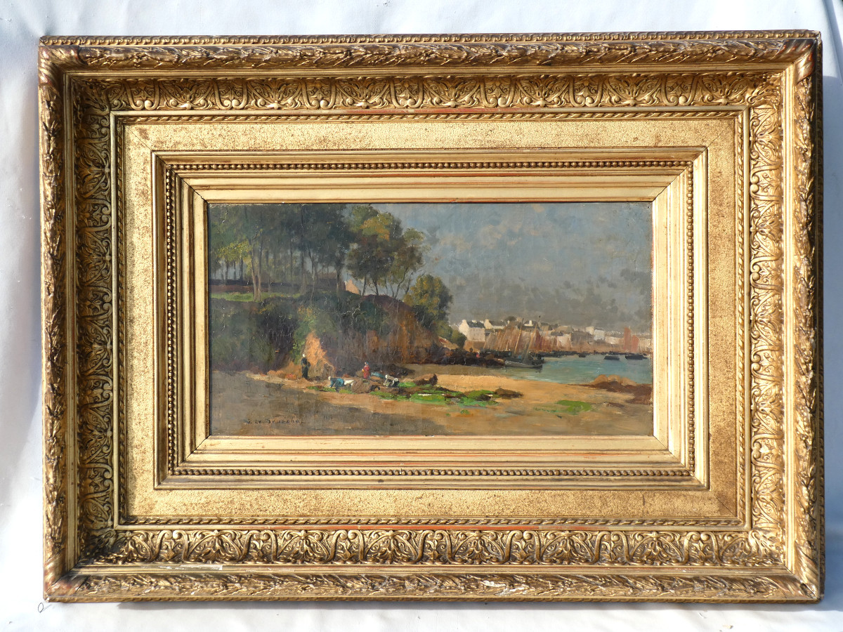 Huile Sur Toile, Vue de Bretagne XIXe , Signée Le Sénéchal , Peintre De La Marine , Pêcheuses 