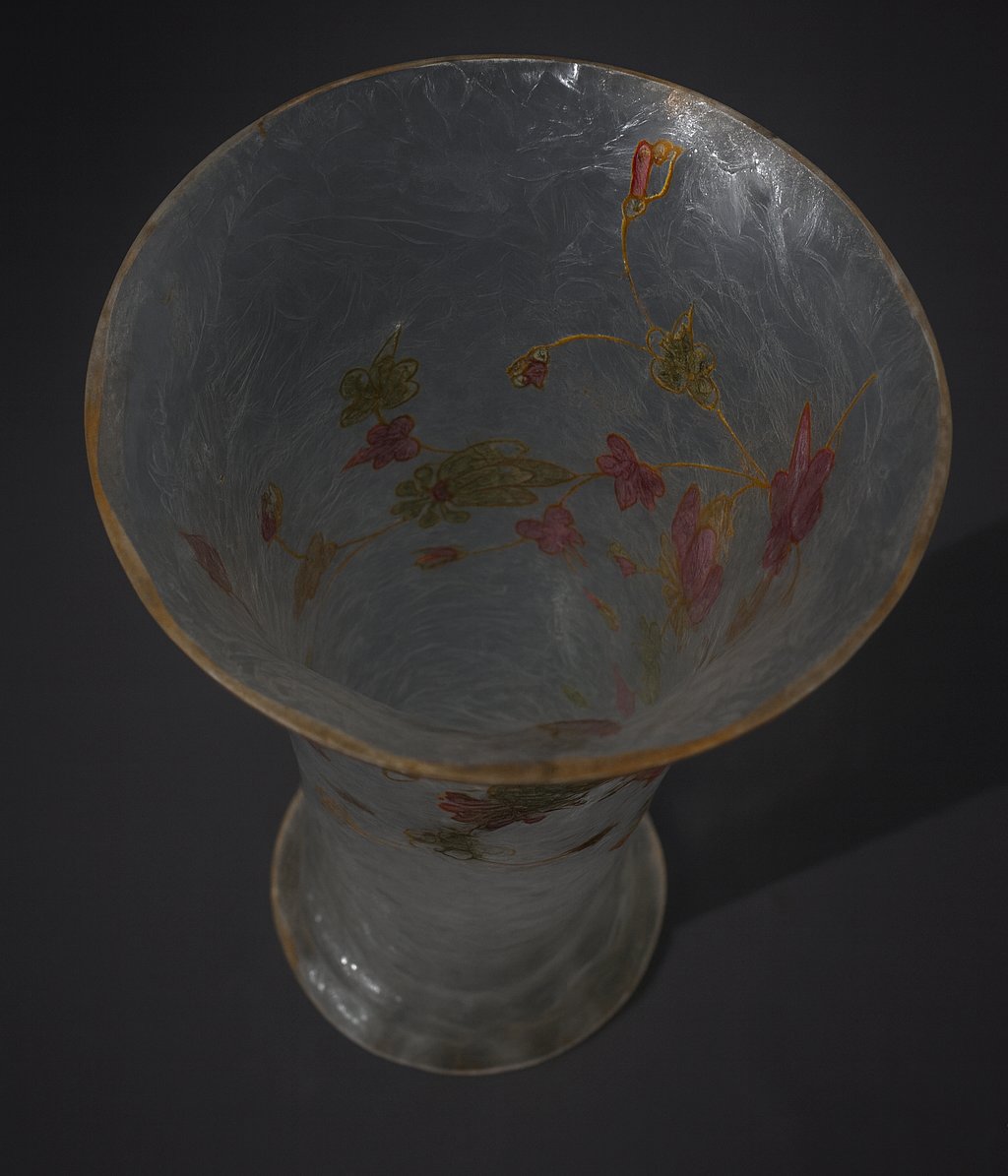 Enamelled Glass Vase, Theodore Legras, Frosted Base, Art Nouveau 19th Century, Montjoye, Trefoils-photo-3