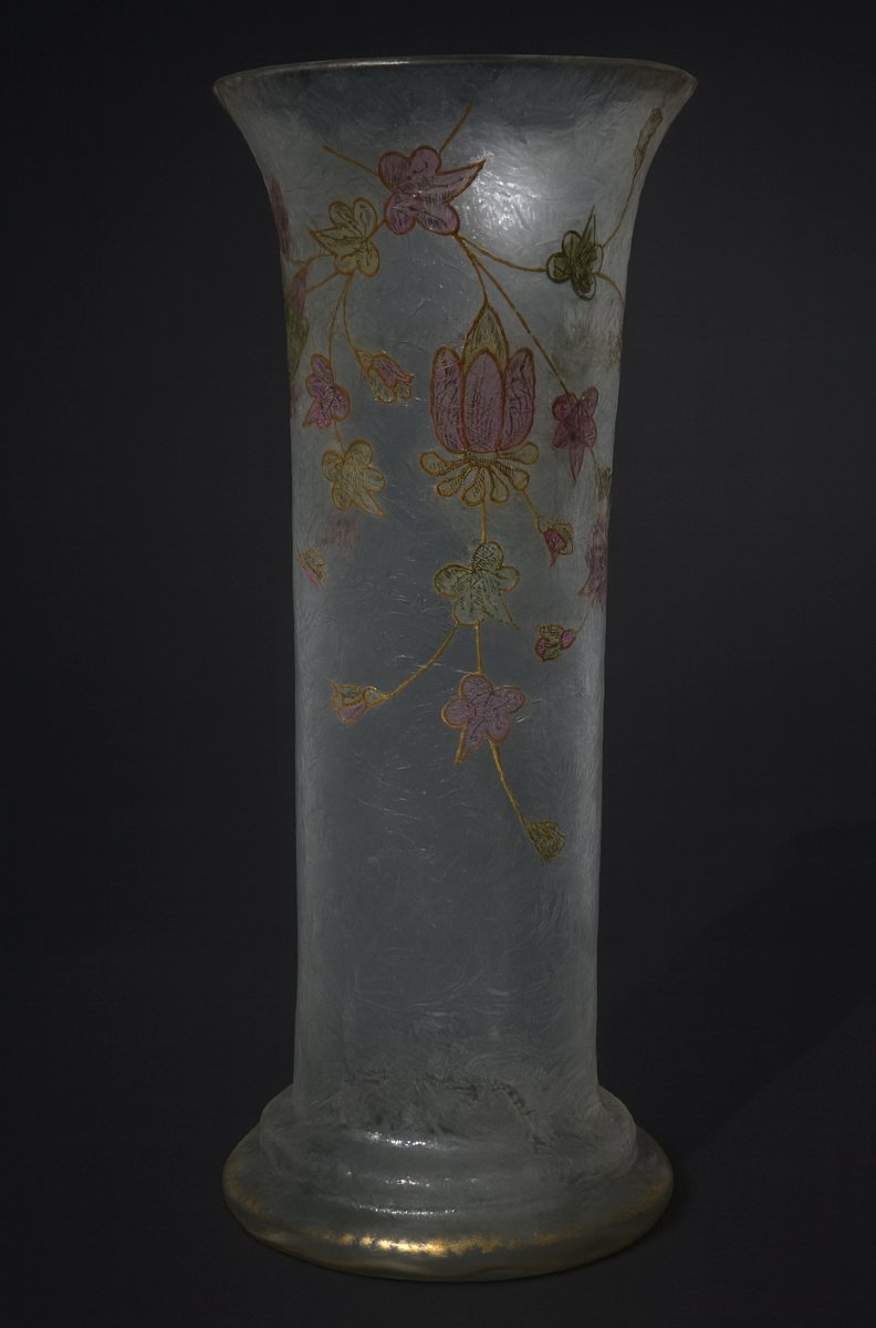Enamelled Glass Vase, Theodore Legras, Frosted Base, Art Nouveau 19th Century, Montjoye, Trefoils-photo-1